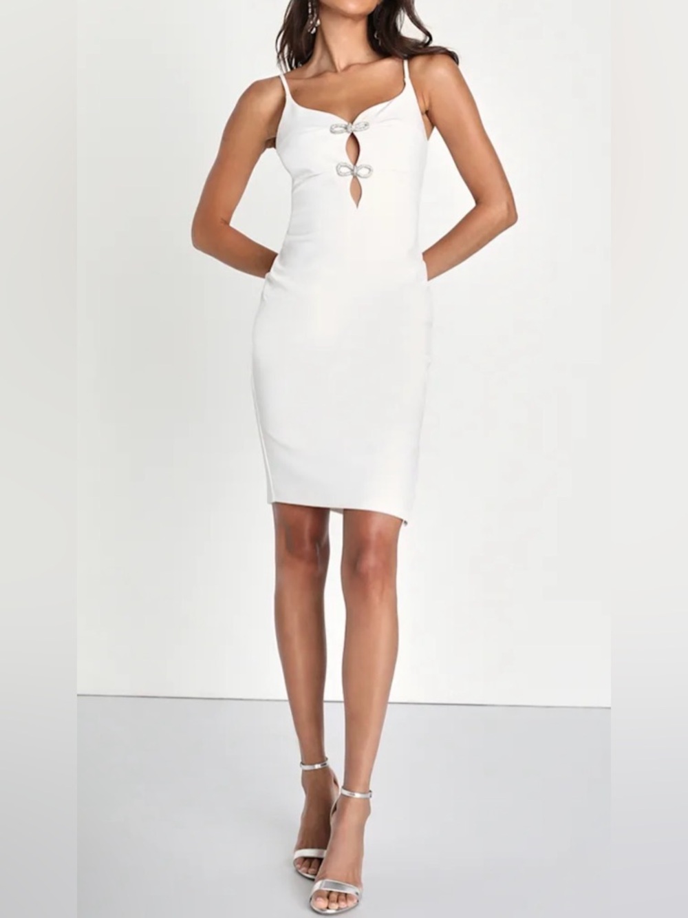 Lulus White Rhinestone Bow Bodycon Midi Dress Large